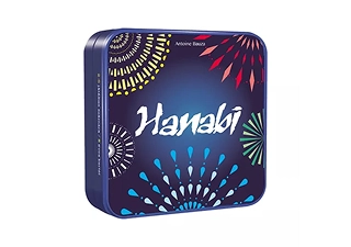 Hanabi kooperatív kártyajáték fémdoboz, tűzijátékos illusztrációval sötét háttér előtt