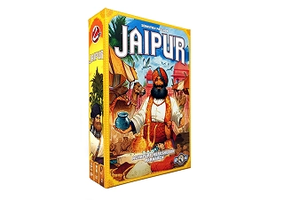 Jaipur stratégiai kereskedelmi kártyajáték doboza, amelyen kereskedő illusztráció látható piaci környezetben, és amely kétjátékos taktikai játékmenetet képvisel áruk és erőforrások gyűjtéséről