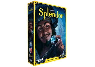 A Splendor társasjáték doboza, amelyen egy kereskedő karakter látható, aki drágakövet tart a kezében, ami az erőforrás-gyűjtő stratégiai játékmenetet jelképezi, reneszánsz kereskedelmi környezetben