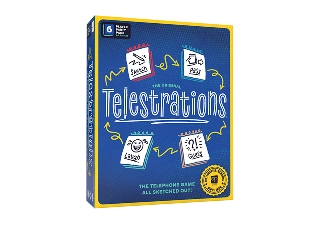 Telestrations társasjáték doboz, rajz- és találós ikonokkal, amelyek a csoportos szórakozásra tervezett, telefonos stílusú rajzolós és találós játékmenetet ábrázolják