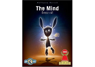 The Mind kooperatív kártyajáték doboza, rejtélyes karakterillusztrációkkal, amelyek a csendes csapatmunkát és a számok sorrendjére épülő stratégiai játékmenetet szimbolizálják kis csoportok számára
